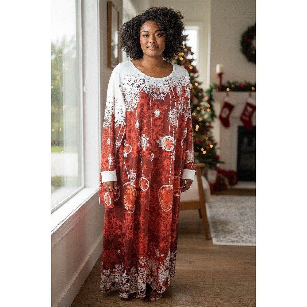 Unbranded Women’s Plus Christmas Ornaments Snowflake Maxi Dress Long Sleeve 2XL